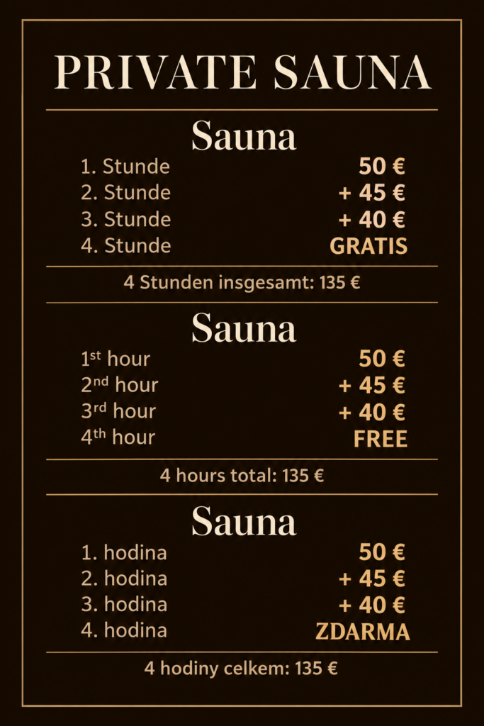 Private Sauna Preisübersicht in drei Sprachen